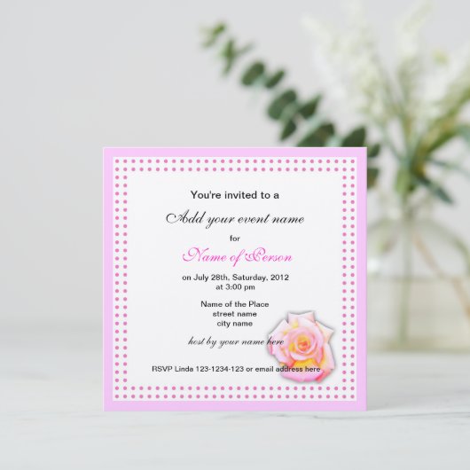 Rose und rosa Punkte Party Einladung (Stehend Vorderseite)