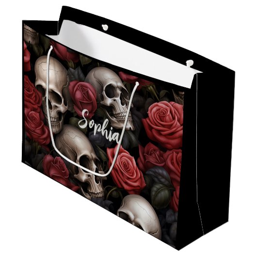 Rose und Schädel Große Geschenktüte (Vorderseite Schrägansicht)