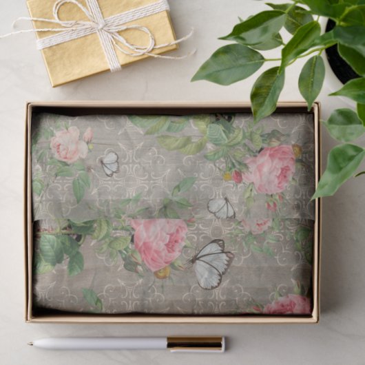 Rose und Schmetterlinge auf dem Damasholzdekoupage Seidenpapier (Geschenk)