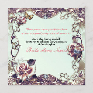 Rose und Schmetterlinge Bronze Quinceañera Party Einladung