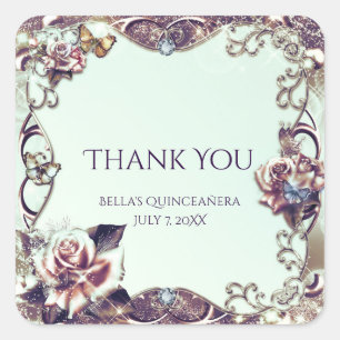 Rose und Schmetterlinge Bronze Quinceañera Party Quadratischer Aufkleber