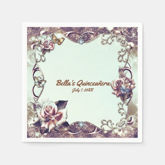 Rose und Schmetterlinge Bronze Quinceañera Party Serviette (Vorderseite)