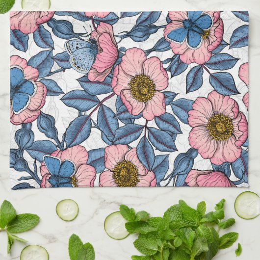 Rose und Schmetterlinge Geschirrtuch (Gefaltet)