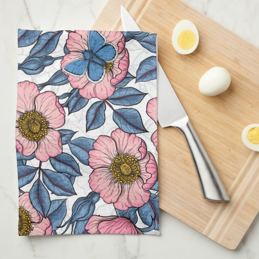 Rose und Schmetterlinge Geschirrtuch (Viertel Falte)