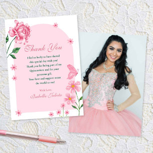 Rose und Schmetterlinge in Rosa Quinceñera, Blush Dankeskarte