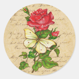Rose- und Schmetterlingskleber Runder Aufkleber