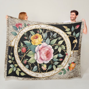 Rose und Spitzenfloral mit Schwarz und Gold Fleecedecke
