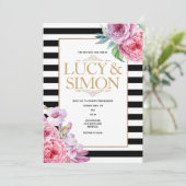 Rose und Streifen zum Hochzeitsempfang Einladung (Stehend Vorderseite)