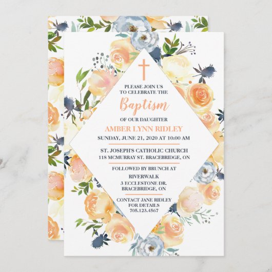 Rose und Thistle Baby Taufe & Brunch Einladung (Vorne/Hinten)