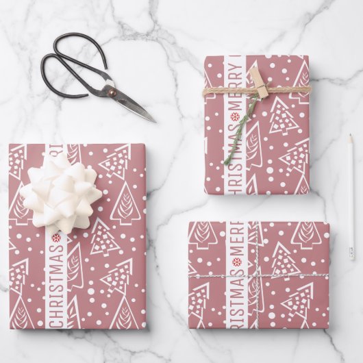Rose und weiße Weihnachtsbäume Geschenkpapier Set (Vorderseite)