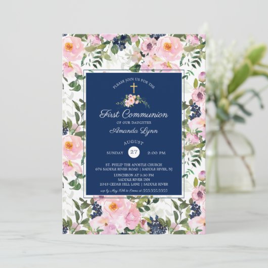 Rose und Zwiebeln Erste Kommune Einladung (Stehend Vorderseite)