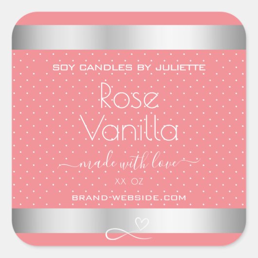 Rose Vanilla Scent Pink Silver Soy Kerzen Labels Quadratischer Aufkleber (Vorderseite)
