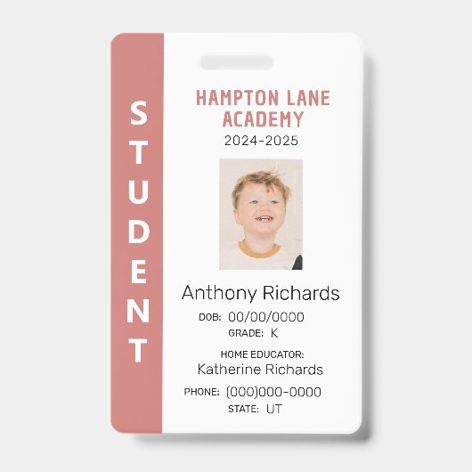 Rose Vertical Stripe Homeschool Student ID Badge Ausweis (Vorderseite)