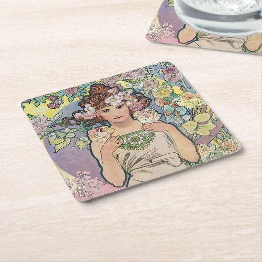 Rose (vier Blume), Alphonse Mucha Rechteckiger Pappuntersetzer (angewinkelt)