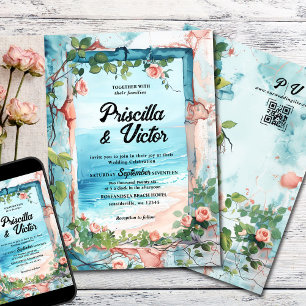 Rose, Vintage Mauer und Sea Beach Hochzeit Einladung