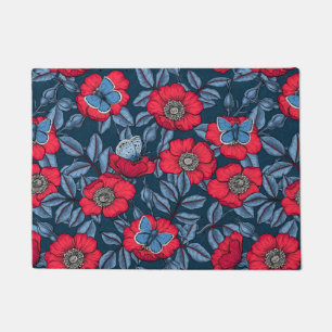 Rose von Hunden und Schmetterlinge in blau und rot Fußmatte
