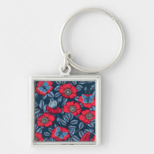 Rose von Hunden und Schmetterlinge in blau und rot Schlüsselanhänger