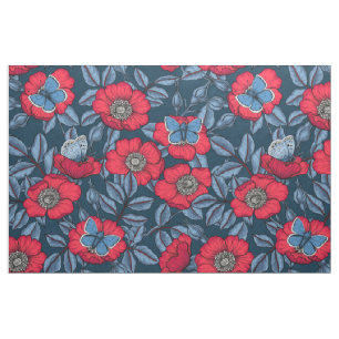 Rose von Hunden und Schmetterlinge in blau und rot Stoff