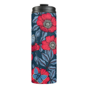 Rose von Hunden und Schmetterlinge in blau und rot Thermosbecher