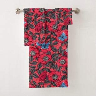 Rose von Hunden und Schmetterlinge in Rot und Blau Badhandtuch Set