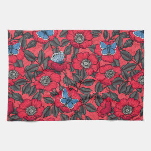 Rose von Hunden und Schmetterlinge in Rot und Blau Geschirrtuch