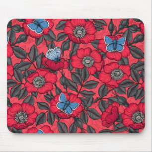 Rose von Hunden und Schmetterlinge in Rot und Blau Mousepad