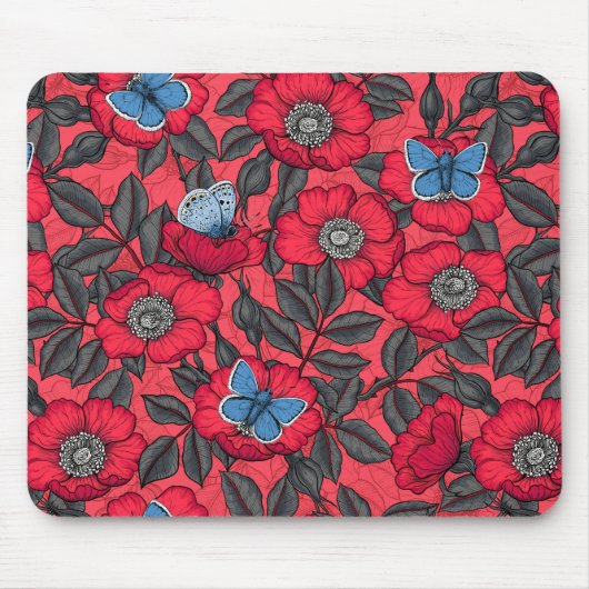 Rose von Hunden und Schmetterlinge in Rot und Blau Mousepad (Vorne)
