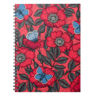 Rose von Hunden und Schmetterlinge in Rot und Blau Notizblock