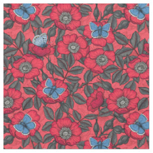 Rose von Hunden und Schmetterlinge in Rot und Blau Stoff