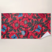 Rose von Hunden und Schmetterlinge in Rot und Blau Strandtuch (Vorderseite)
