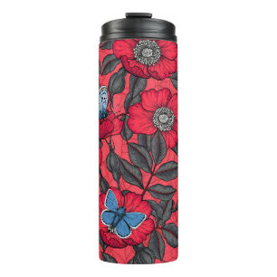 Rose von Hunden und Schmetterlinge in Rot und Blau Thermosbecher