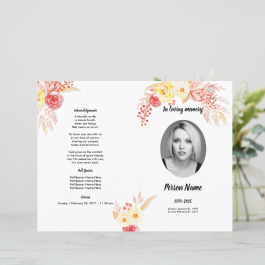 Rose | Vorlage des Beerdigungsprogramms (Stehend Vorderseite)