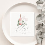 Rose Wasserfarbe Wein Botanische Feiern zur Liebe Serviette<br><div class="desc">Diese eleganten Weinkeller mit thematischen Servietten eignen sich ideal für Brautpartys, Verlobungsfeiern oder Proben, die in einem Weinkeller, einem Verkostungsraum oder einem Weingarten veranstaltet werden. Das Design besticht durch eine Flasche Rose und zwei Gläser, die mit grünen Aquarellfarben-Eukalyptus-Blätter und Blattwerk geschmückt sind. In der Schriftzeichen-Schrift erscheint "Liebe bejubeln". Für eine...</div>