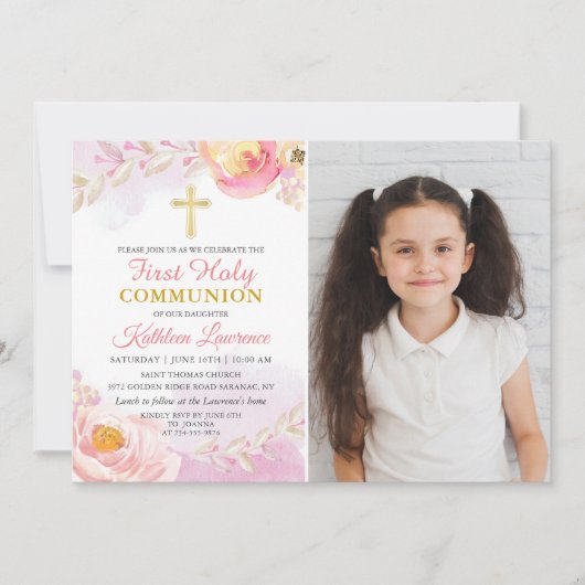 Rose Wasserfarben Foto der Kommune Einladung (Vorderseite)