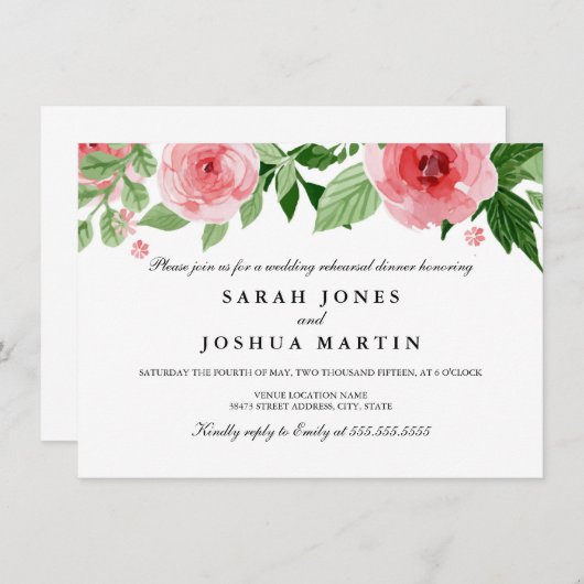 Rose Wasserfarbene Blume Probe Abendessen Einladun Einladung (Vorne/Hinten)