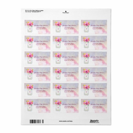 Rose Wasserfarbene Peonies Rustic Mason Jar Weddin Adressaufkleber (Vorne)