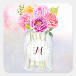 Rose Wasserfarbene Peonies Rustic Mason Jar Weddin Quadratischer Aufkleber