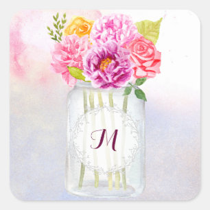 Rose Wasserfarbene Peonies Rustic Mason Jar Weddin Quadratischer Aufkleber