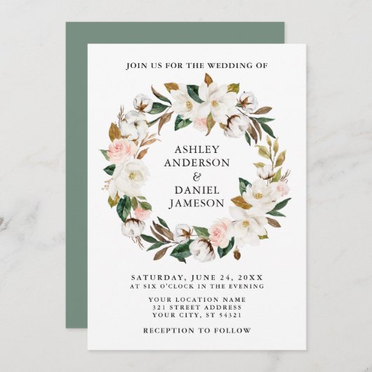 Rose Watercolor Magnolias Wreath Sage Green Einladung (Vorne/Hinten)