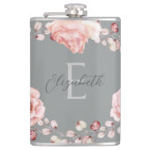 Rose Watercolor Personalisiert | Grau Flachmann (Vorderseite)