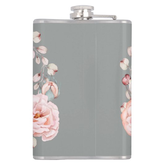 Rose Watercolor Personalisiert | Grau Flachmann (Rückseite)