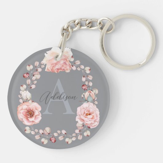 Rose Watercolor Personalisiert | Grau Schlüsselanhänger (Rückseite)