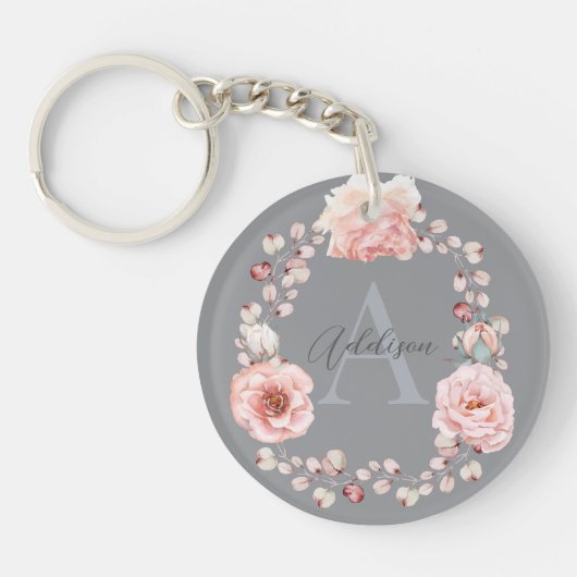 Rose Watercolor Personalisiert | Grau Schlüsselanhänger (Vorderseite)
