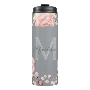 Rose Watercolor Personalisiert   Grau Thermosbecher