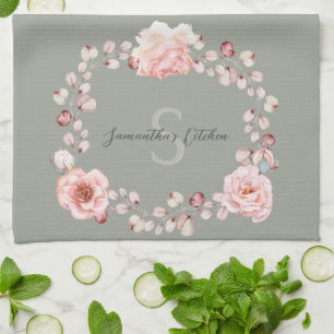 Rose Watercolor Personalisiert   Sage Green Geschirrtuch