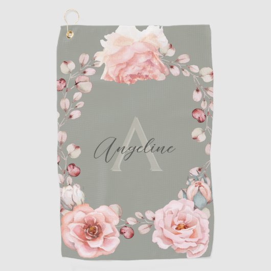 Rose Watercolor Personalisiert | Sage Green Golfhandtuch (Vorderseite)