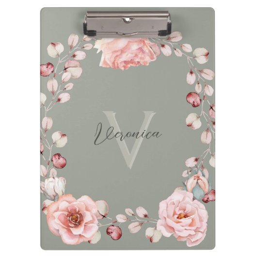 Rose Watercolor Personalisiert | Sage Green Klemmbrett (Vorderseite)