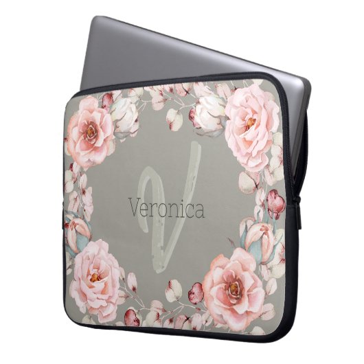 Rose Watercolor Personalisiert | Sage Green Laptopschutzhülle (Vorderseite Links)