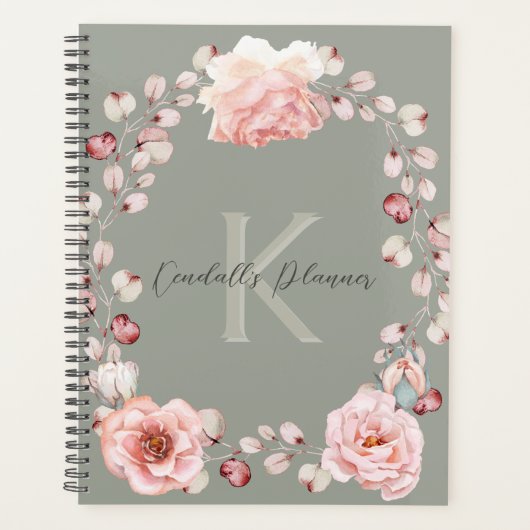 Rose Watercolor Personalisiert | Sage Green Planer (Vorderseite)