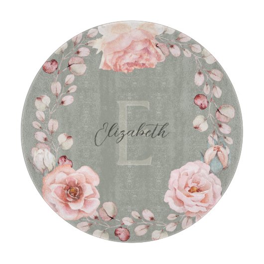 Rose Watercolor Personalisiert | Sage Green Schneidebrett (Vorderseite)
